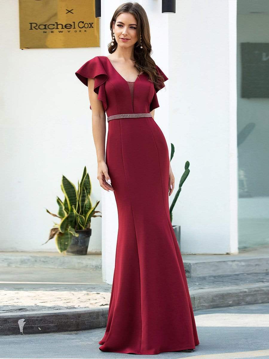 Color=Burgundy | Elegant V-Neck Flutter Sleeves Bodycon Mermaid Evening Dress-Burgundy 3
