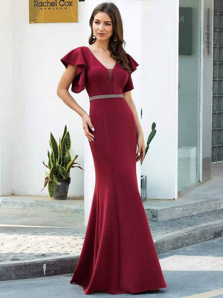 Color=Burgundy | Elegant V-Neck Flutter Sleeves Bodycon Mermaid Evening Dress-Burgundy 4