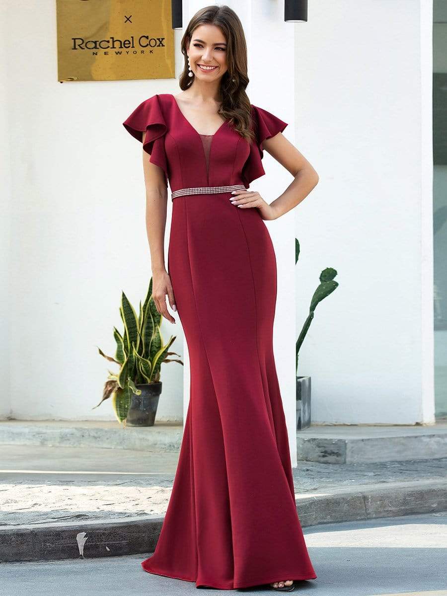 Color=Burgundy | Elegant V-Neck Flutter Sleeves Bodycon Mermaid Evening Dress-Burgundy 1
