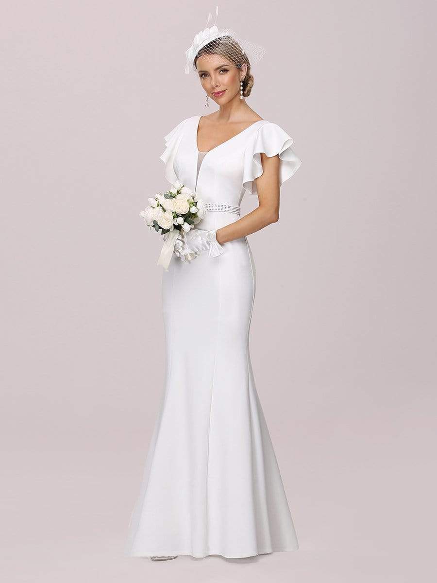 Color=Cream | Plain Maxi Fishtail Wedding Dress With Ruffle Sleeves-Cream 6