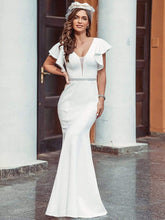 Color=Cream | Plain Maxi Fishtail Wedding Dress With Ruffle Sleeves-Cream 8