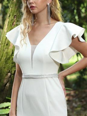 Color=Cream | Elegant V-Neck Flutter Sleeves Bodycon Mermaid Evening Dress-Cream 5