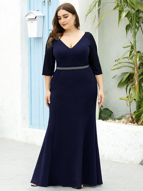 Color=Navy Blue | Women'S V-Neck 3/4 Sleeve Mermaid Plus Size Evening Dress-Navy Blue 4