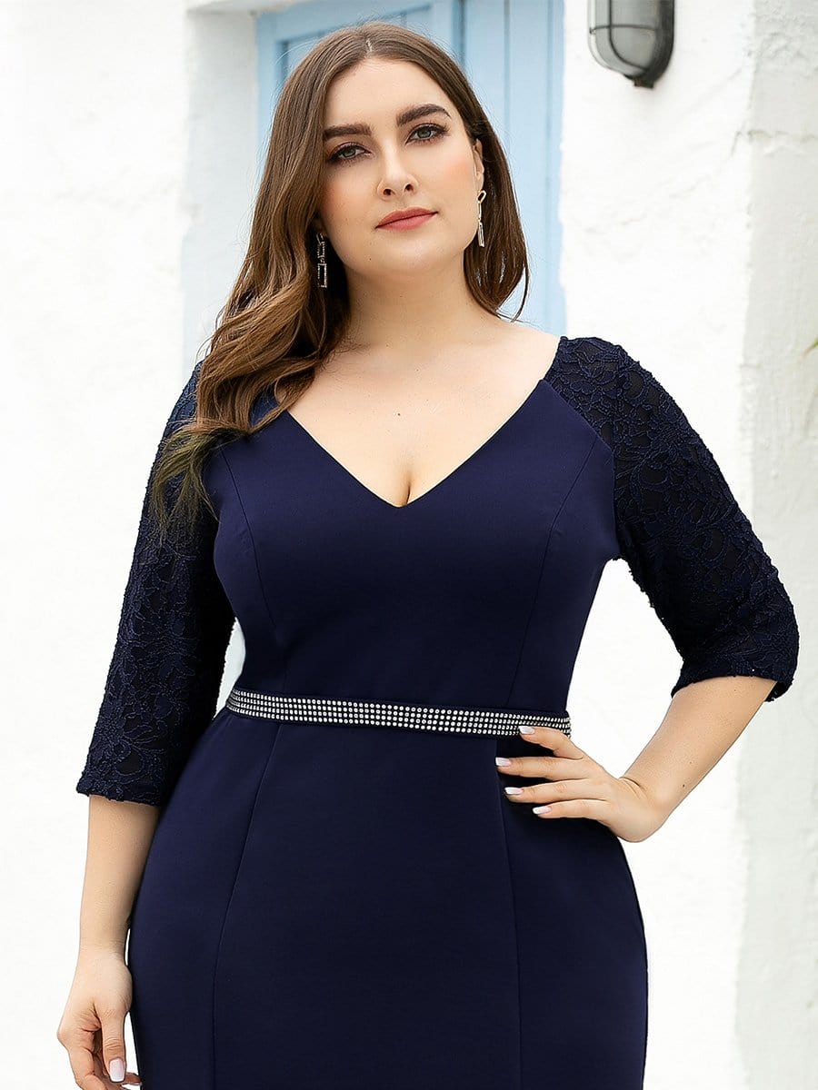 Color=Navy Blue | Women'S V-Neck 3/4 Sleeve Mermaid Plus Size Evening Dress-Navy Blue 5