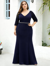 Color=Navy Blue | Women'S V-Neck 3/4 Sleeve Mermaid Plus Size Evening Dress-Navy Blue 1