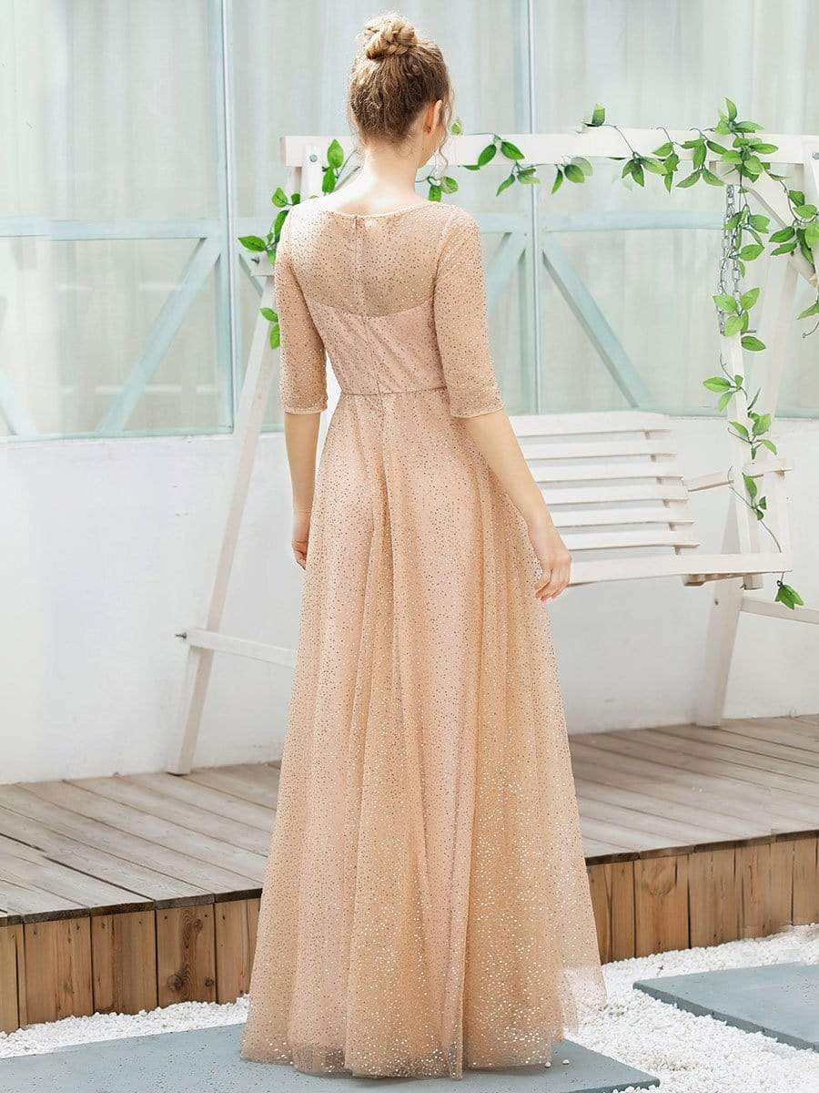 Color=Rose Gold | Romantic Shiny Asymmetrical A-Line Maxi Bridesmaid Dresses-Rose Gold 2