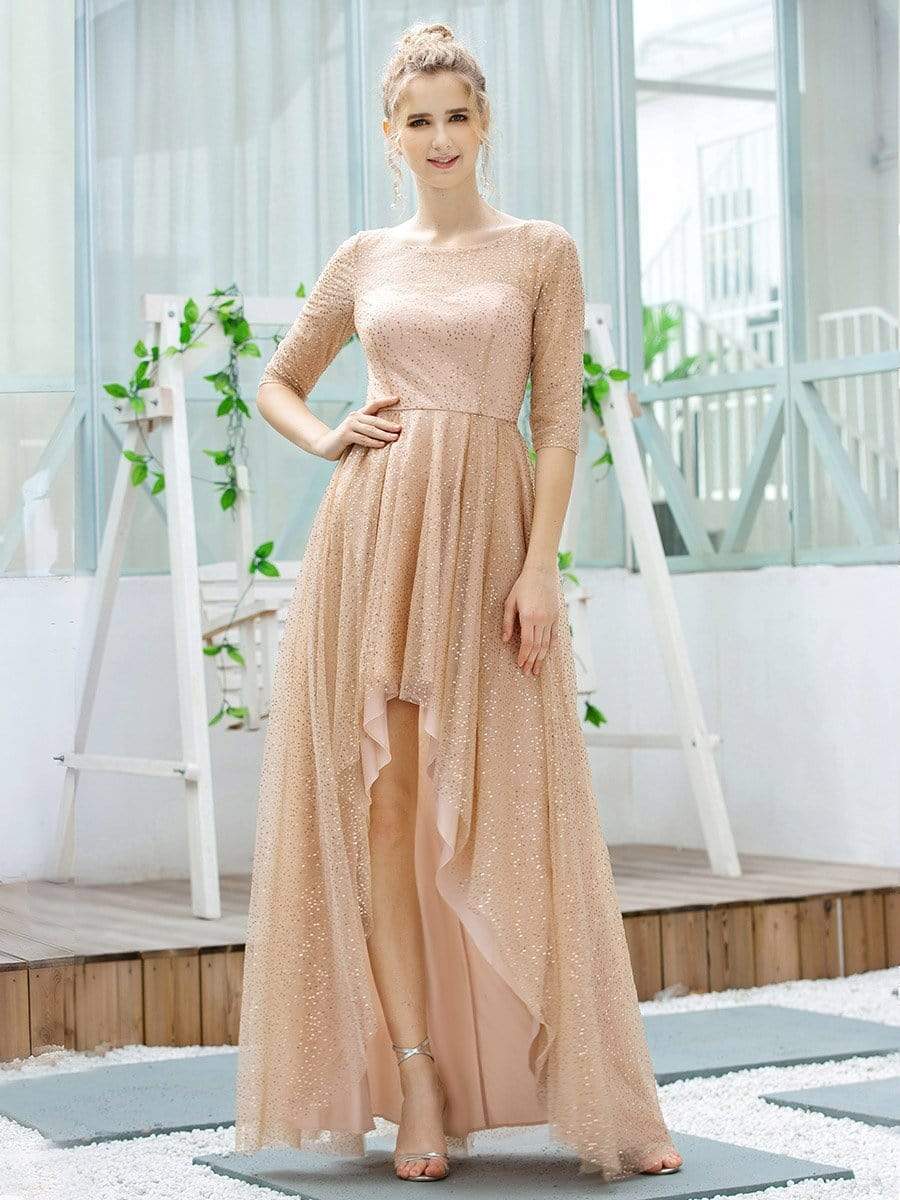 Color=Rose Gold | Romantic Shiny Asymmetrical A-Line Maxi Bridesmaid Dresses-Rose Gold 4