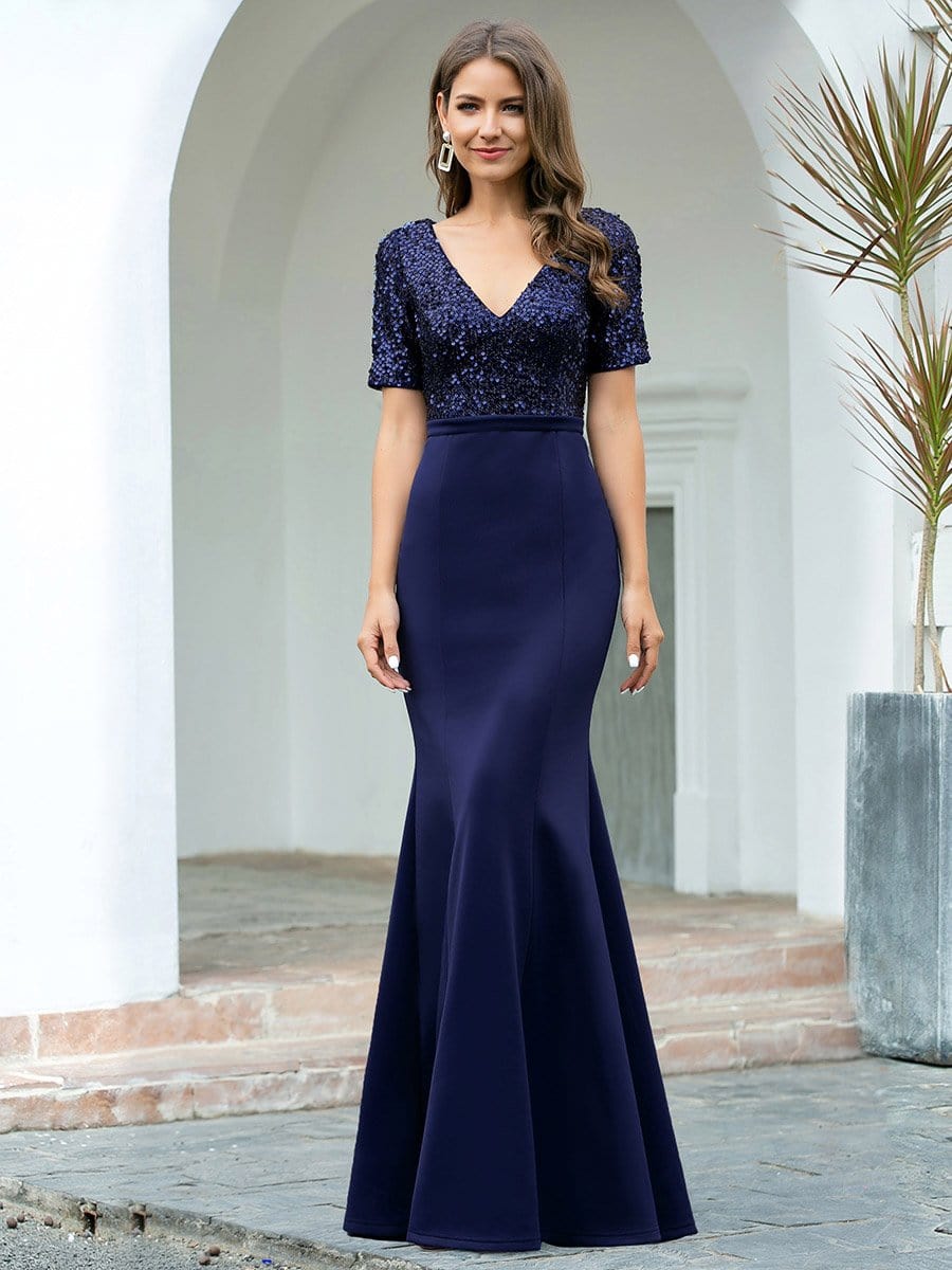 Color=Navy Blue | Sassy Mermaid Long Evening Dress For Women With Sequin-Navy Blue 1