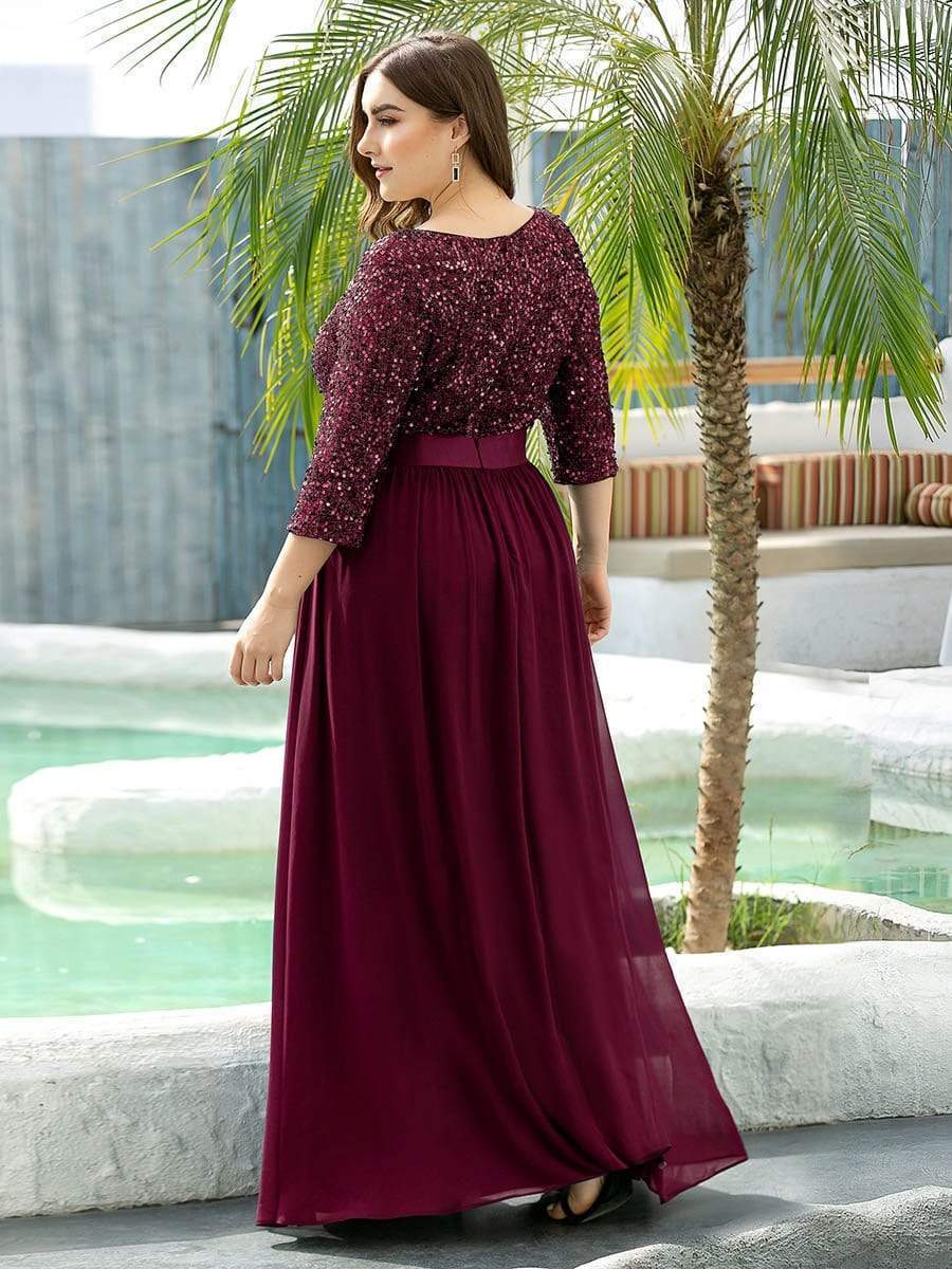 Color=Burgundy | Women'S Long Tulle & Sequin Evening Dresses For Mother Of The Bride-Burgundy 2