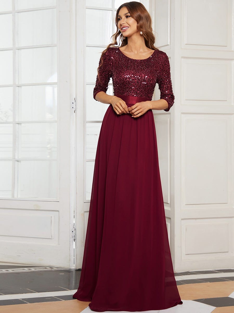 Color=Burgundy | Elegant Round Neckline Sequins Floor Length Evening Dress-Burgundy 1