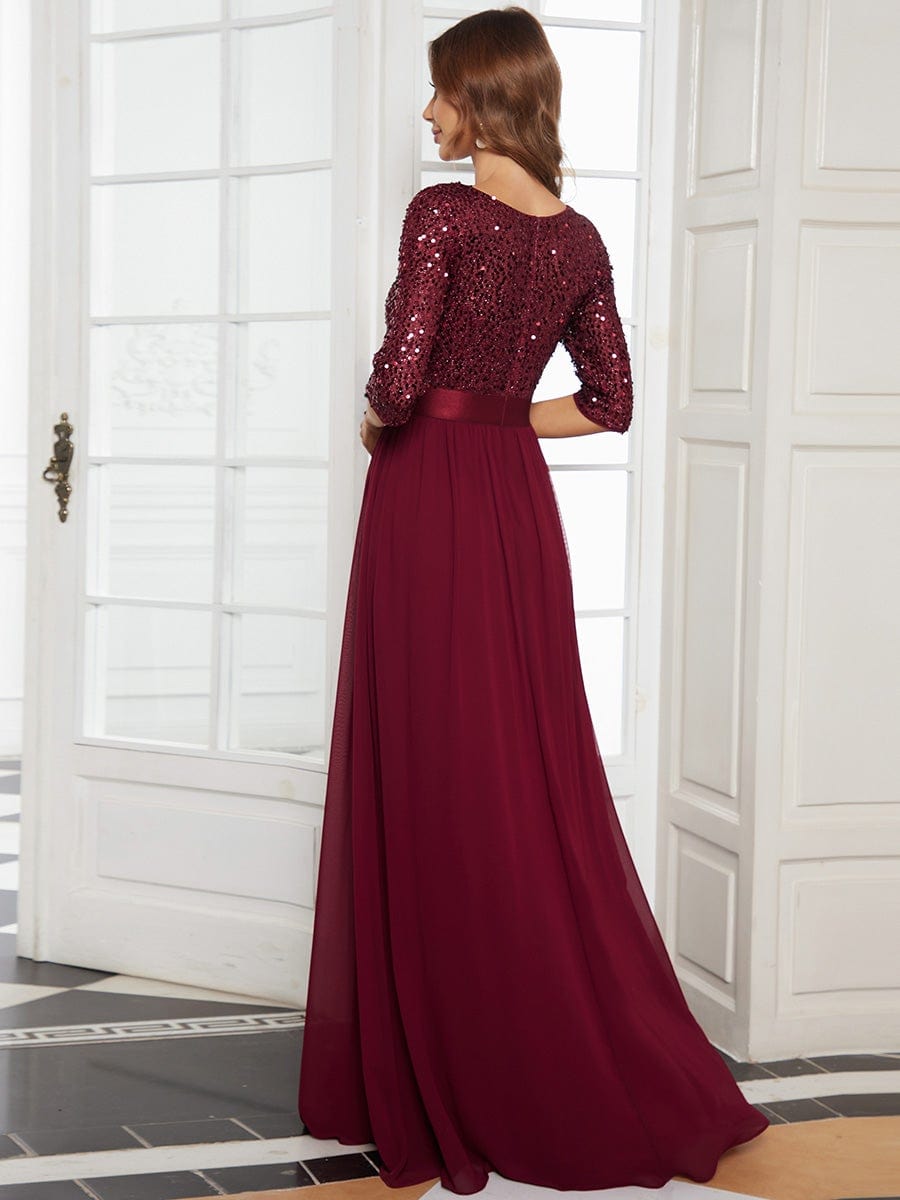 Color=Burgundy | Elegant Round Neckline Sequins Floor Length Evening Dress-Burgundy 2