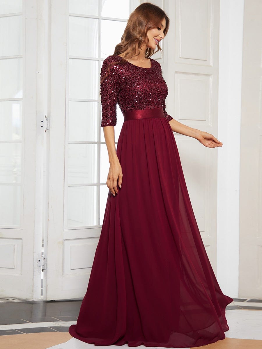 Color=Burgundy | Elegant Round Neckline Sequins Floor Length Evening Dress-Burgundy 3