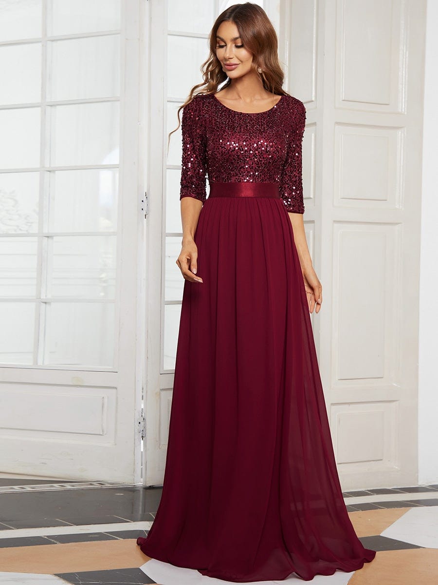 Color=Burgundy | Elegant Round Neckline Sequins Floor Length Evening Dress-Burgundy 4