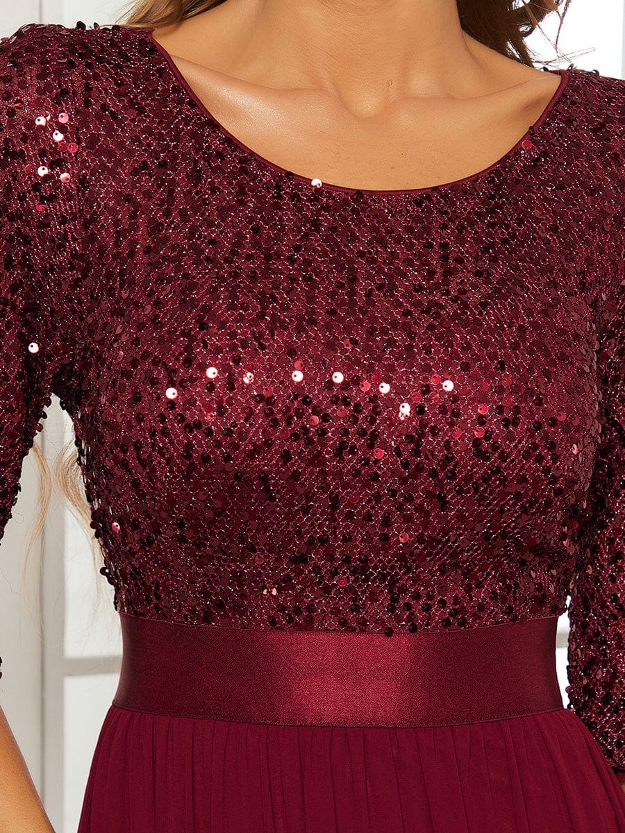 Color=Burgundy | Elegant Round Neckline Sequins Floor Length Evening Dress-Burgundy 5