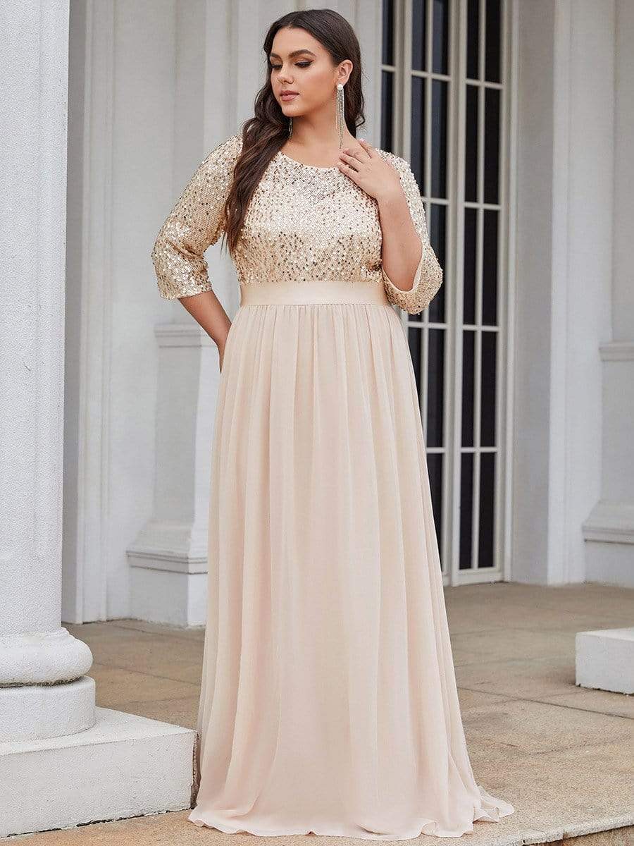 Color=Blush | Elegant Round Neckline Sequins Floor Length Evening Dress-Blush 9
