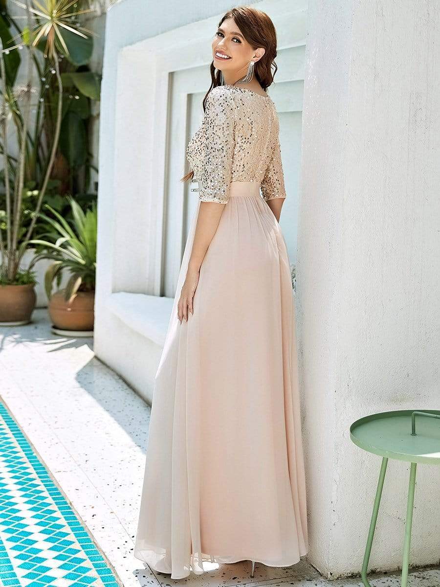 Color=Blush | Elegant Round Neckline Sequins Floor Length Evening Dress-Blush 2