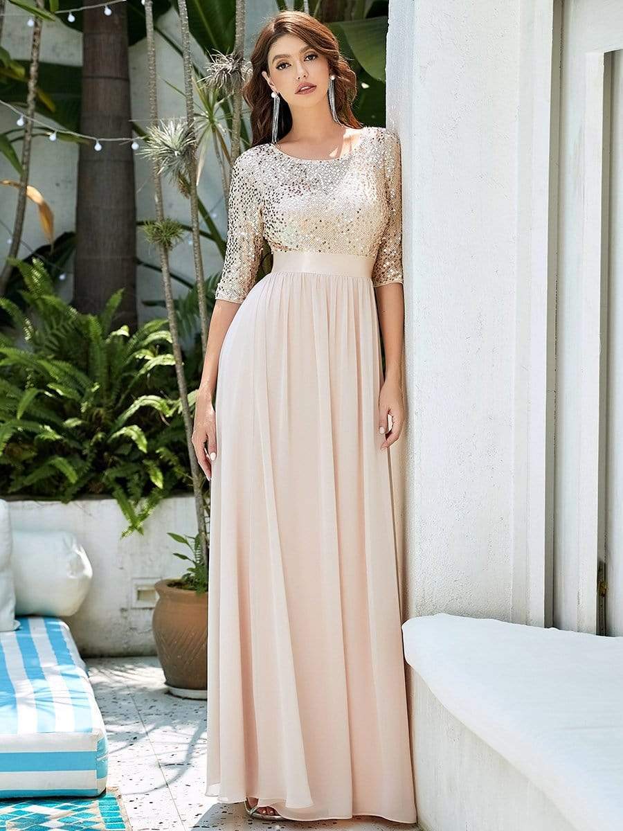Color=Blush | Elegant Round Neckline Sequins Floor Length Evening Dress-Blush 5