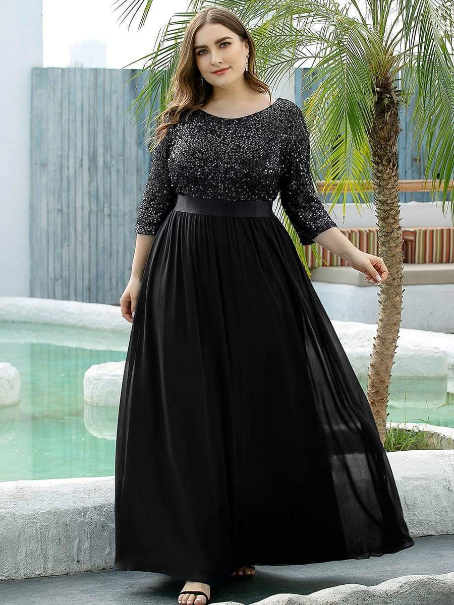 Color=Black | Elegant Round Neckline Sequins Floor Length Evening Dress-Black 7