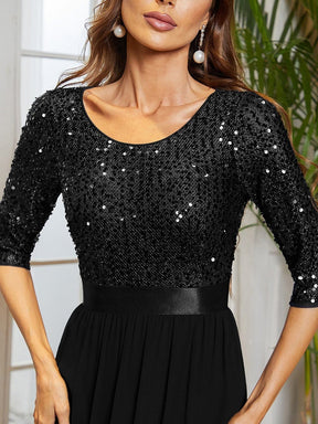 Color=Black | Elegant Round Neckline Sequins Floor Length Evening Dress-Black 5