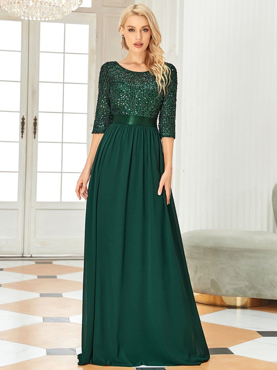 Color=Dark Green | Elegant Round Neckline Sequins Floor Length Evening Dress-Dark Green 4