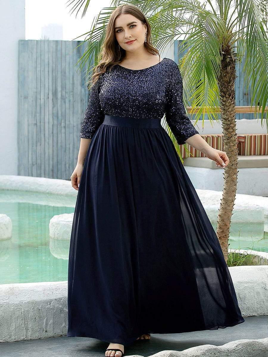 Color=Navy Blue | Elegant Round Neckline Sequins Floor Length Evening Dress-Navy Blue 10