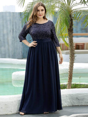 Color=Navy Blue | Elegant Round Neckline Sequins Floor Length Evening Dress-Navy Blue 9