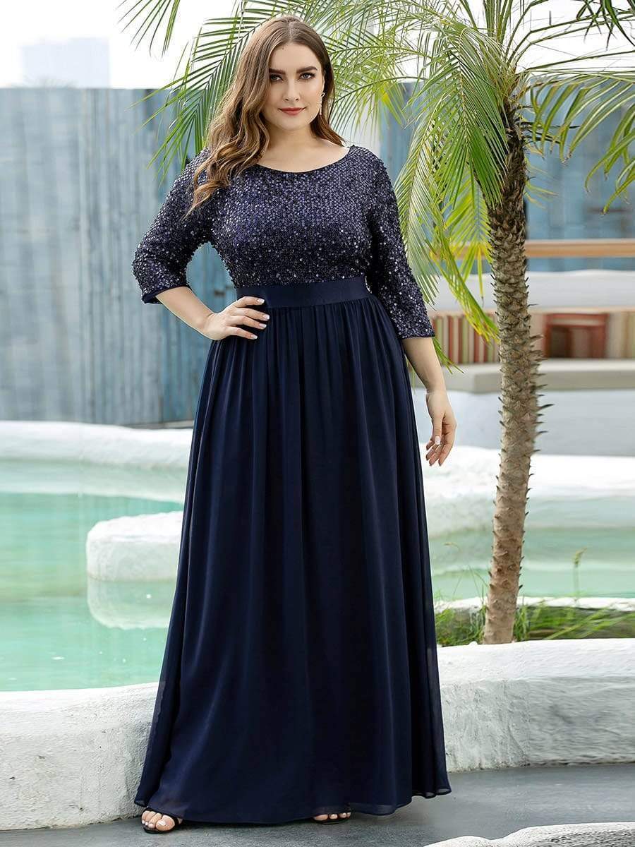 Color=Navy Blue | Elegant Round Neckline Sequins Floor Length Evening Dress-Navy Blue 9
