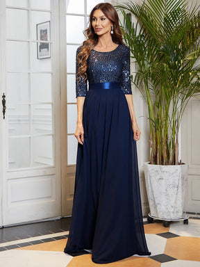Color=Navy Blue | Elegant Round Neckline Sequins Floor Length Evening Dress-Navy Blue 5