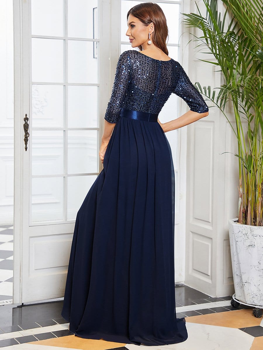 Color=Navy Blue | Elegant Round Neckline Sequins Floor Length Evening Dress-Navy Blue 6