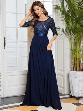 Color=Navy Blue | Elegant Round Neckline Sequins Floor Length Evening Dress-Navy Blue 7