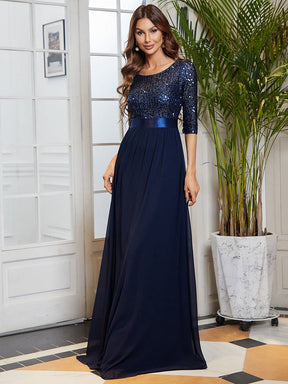 Color=Navy Blue | Elegant Round Neckline Sequins Floor Length Evening Dress-Navy Blue 8