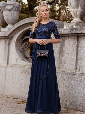 Color=Navy Blue | Elegant Round Neckline Sequins Floor Length Evening Dress-Navy Blue 3
