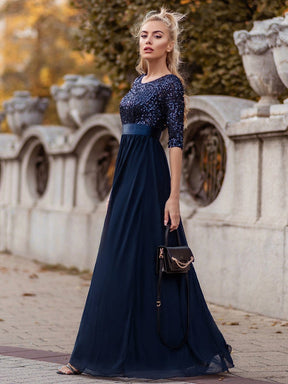 Color=Navy Blue | Elegant Round Neckline Sequins Floor Length Evening Dress-Navy Blue 2