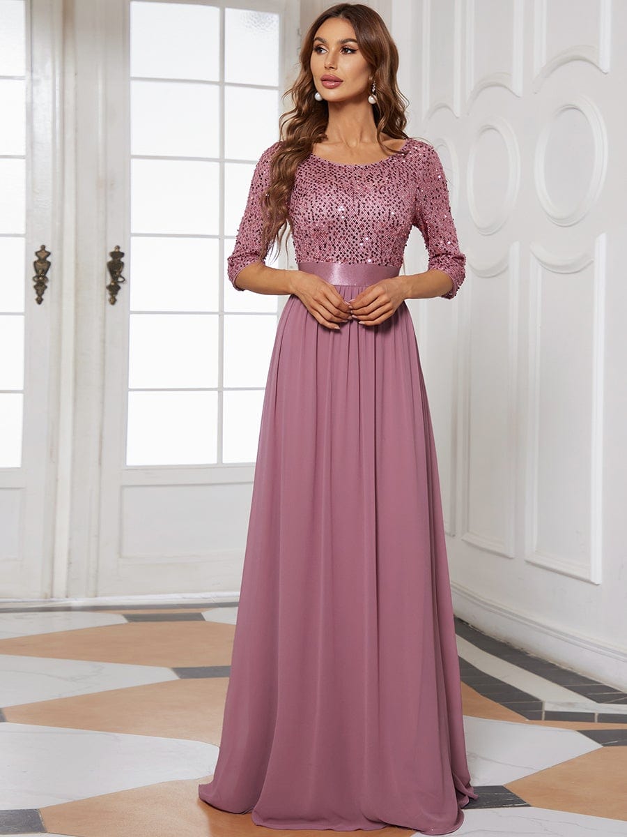 Color=Purple Orchid | Elegant Round Neckline Sequins Floor Length Evening Dress-Purple Orchid 4