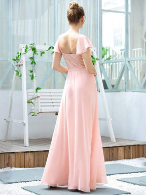 Color=Pink | Women'S V-Neck Backless Cap Sleeve Bridesmaid Dress With Waistband-Pink 2