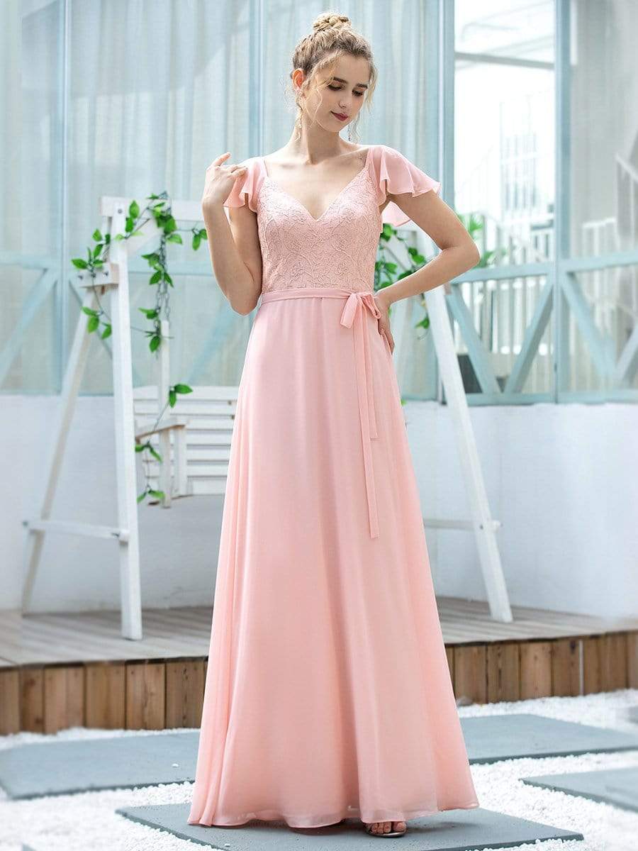 Color=Pink | Women'S V-Neck Backless Cap Sleeve Bridesmaid Dress With Waistband-Pink 3