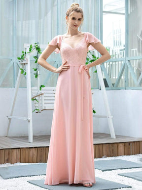 Color=Pink | Women'S V-Neck Backless Cap Sleeve Bridesmaid Dress With Waistband-Pink 4