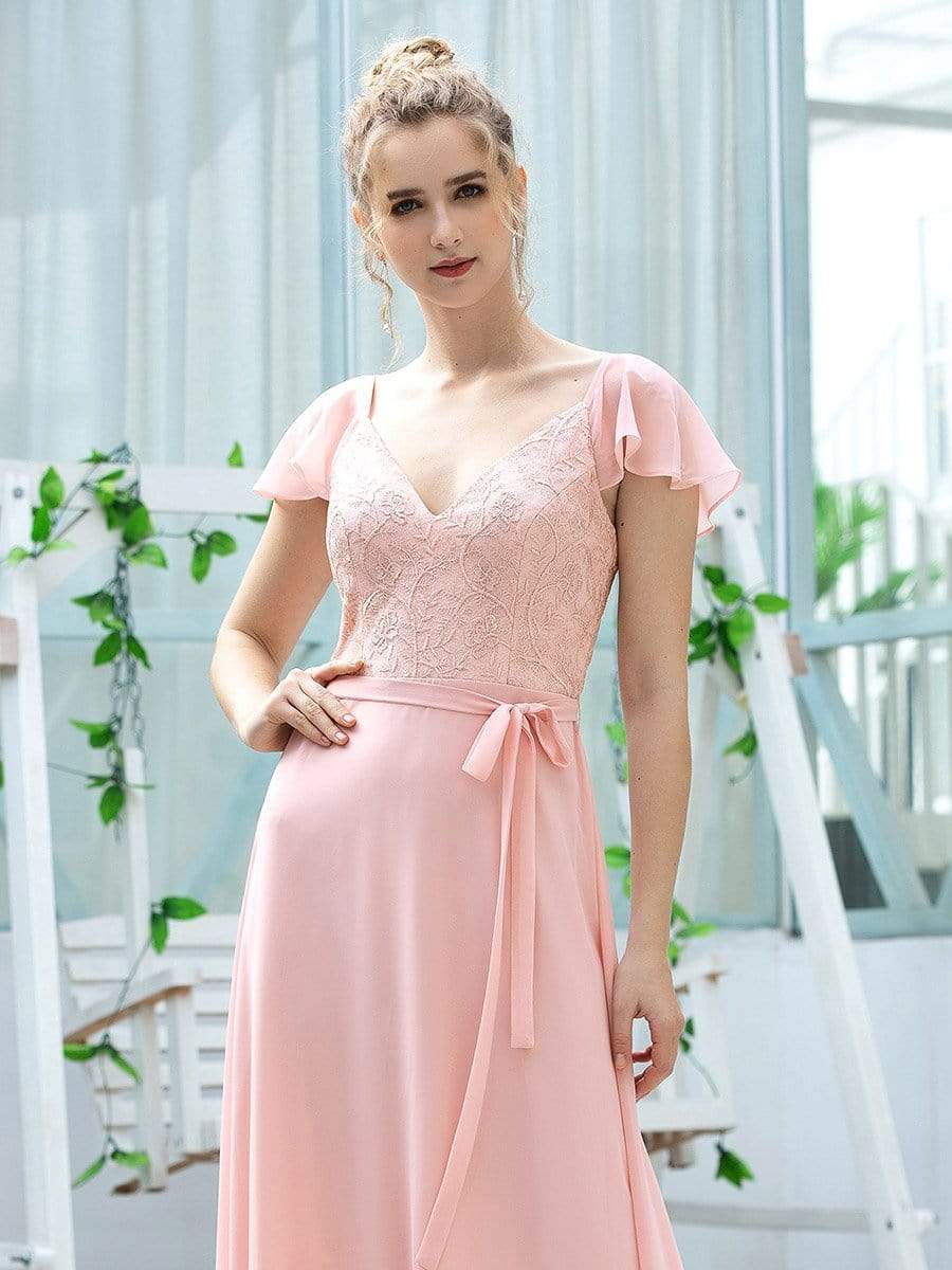 Color=Pink | Women'S V-Neck Backless Cap Sleeve Bridesmaid Dress With Waistband-Pink 5