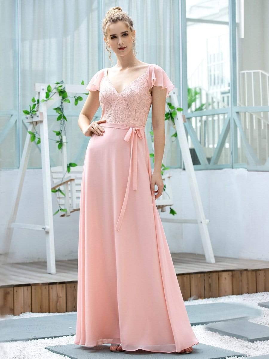 Color=Pink | Women'S V-Neck Backless Cap Sleeve Bridesmaid Dress With Waistband-Pink 1