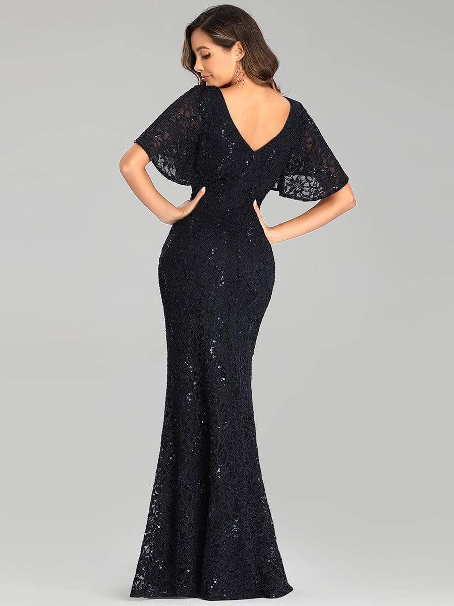 Color=Navy Blue | Elegant Ruffle Sleeves Mermaid Lace Evening Dresses With Beads-Navy Blue 2