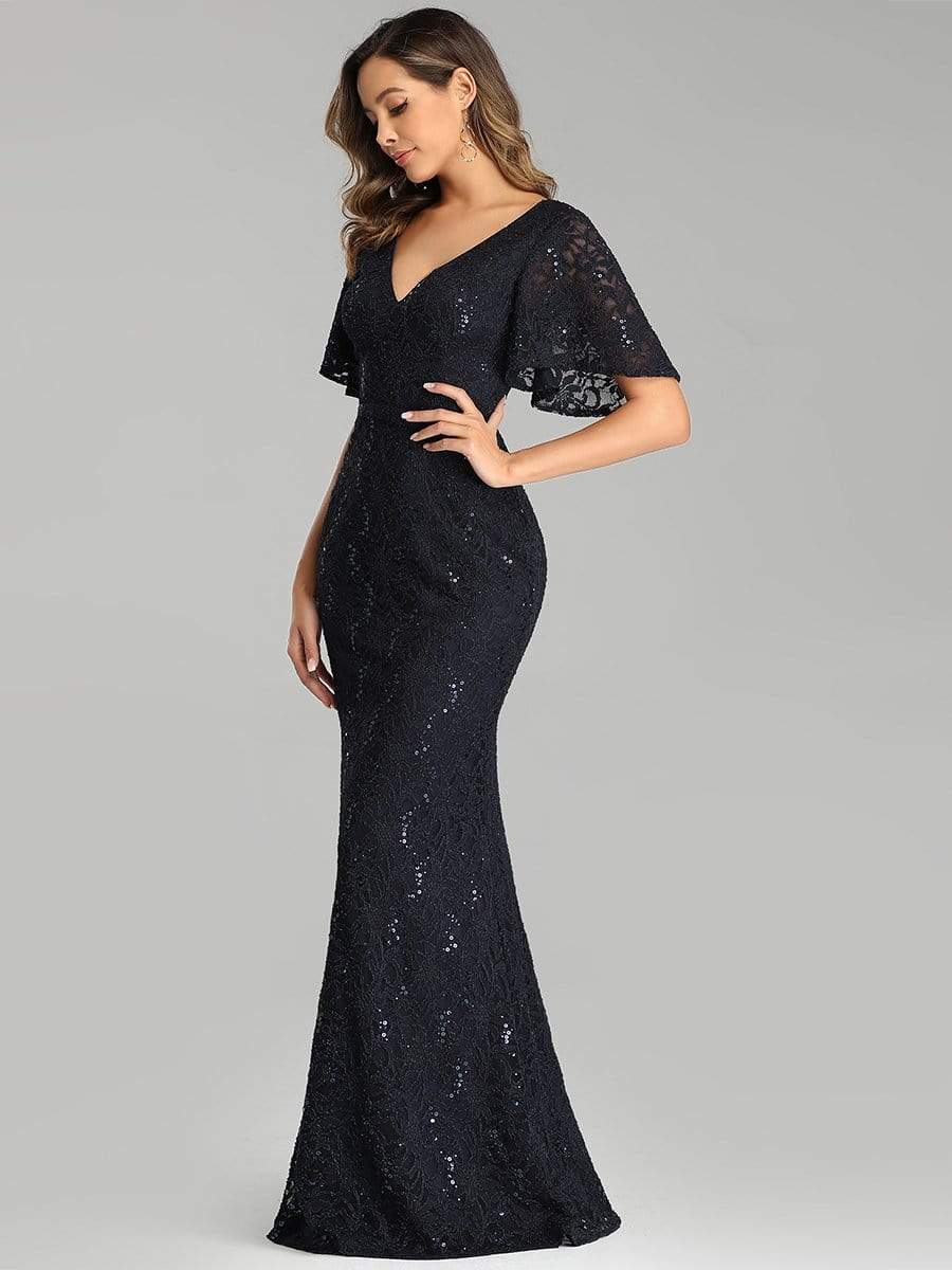 Color=Navy Blue | Elegant Ruffle Sleeves Mermaid Lace Evening Dresses With Beads-Navy Blue 3