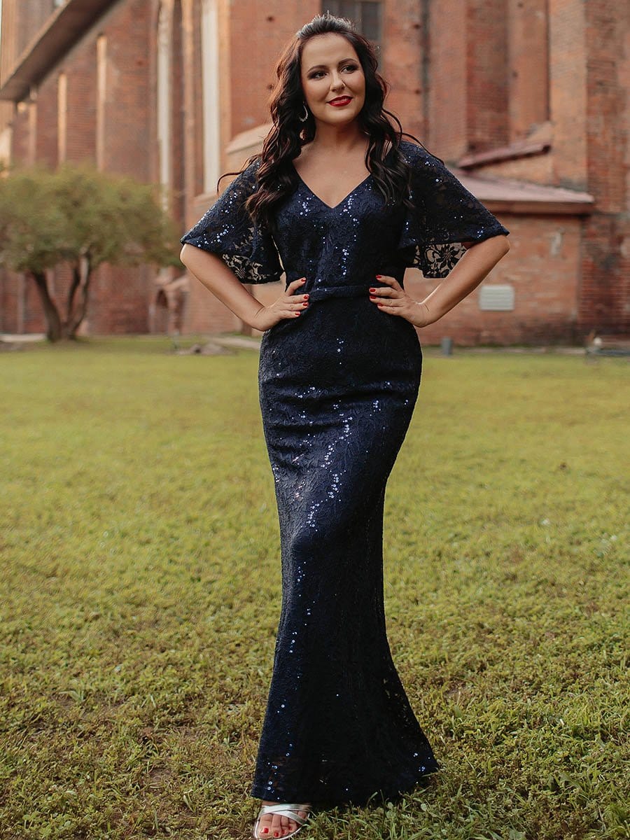 Color=Navy Blue | Elegant Ruffle Sleeves Mermaid Lace Evening Dresses With Beads-Navy Blue 11