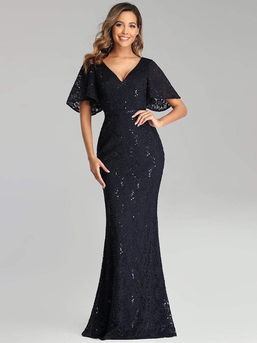 Color=Navy Blue | Elegant Ruffle Sleeves Mermaid Lace Evening Dresses With Beads-Navy Blue 1