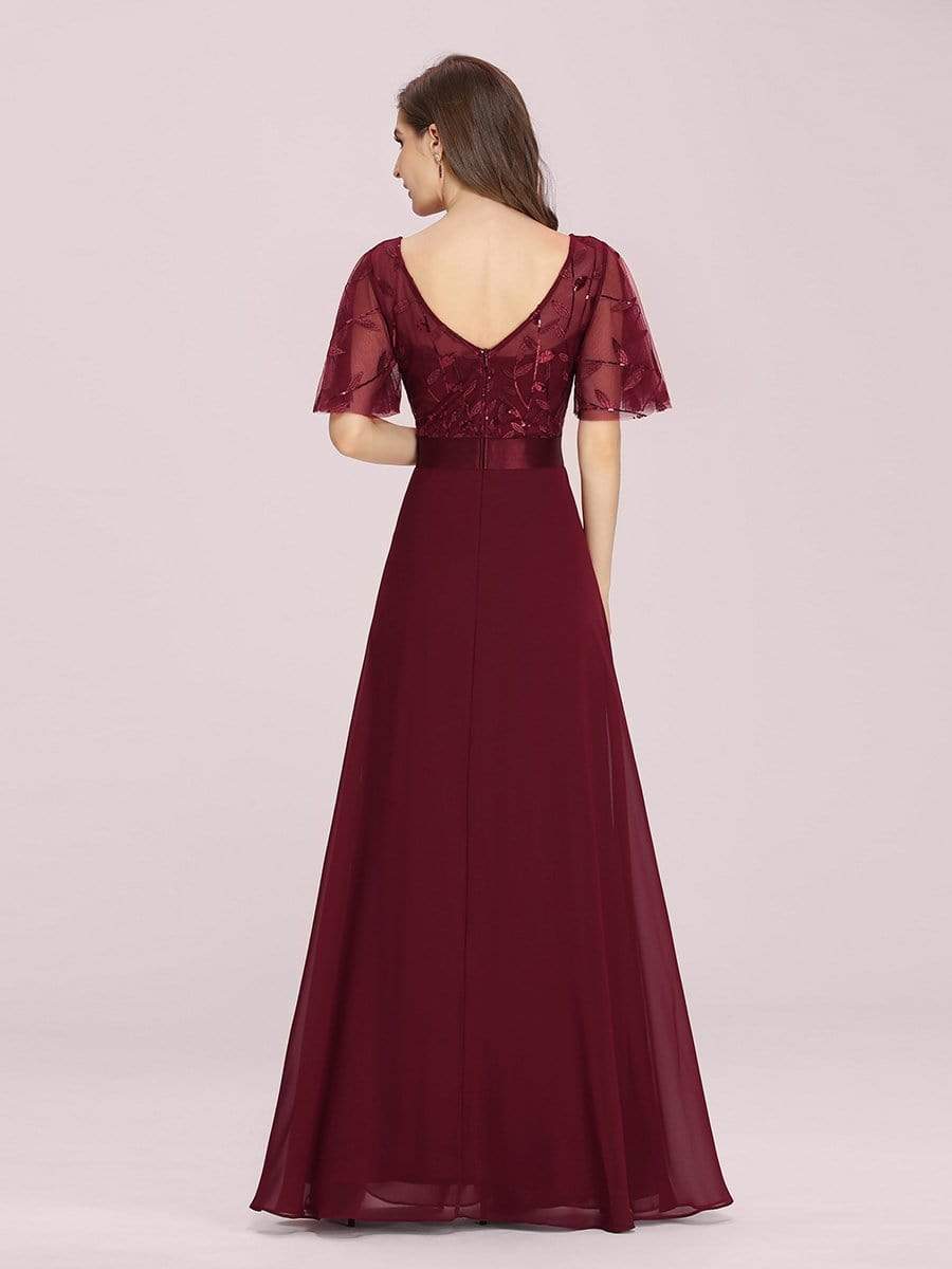 Color=Burgundy | Romantic Round Neck Ruffle Sleeves Chiffon & Sequin Prom Dress-Burgundy 2