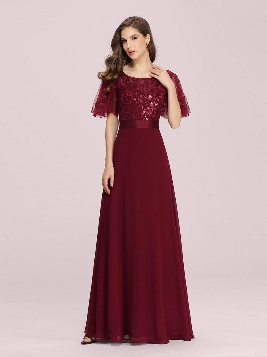 Color=Burgundy | Romantic Round Neck Ruffle Sleeves Chiffon & Sequin Prom Dress-Burgundy 4