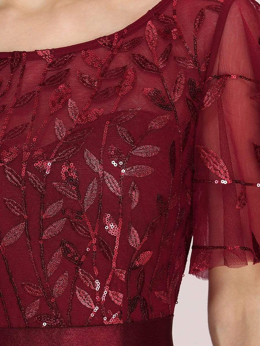 Color=Burgundy | Romantic Round Neck Ruffle Sleeves Chiffon & Sequin Prom Dress-Burgundy 5