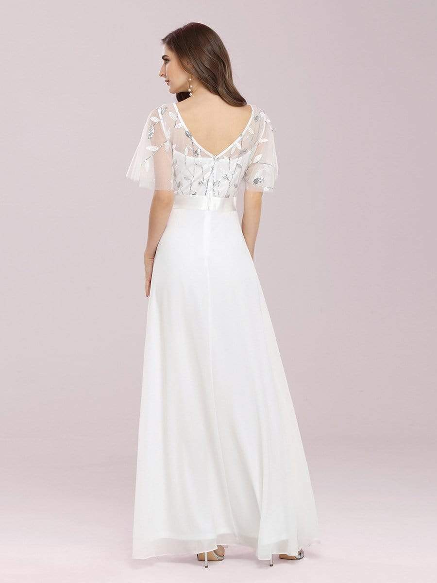 Color=Cream | Romantic Round Neck Ruffle Sleeves Chiffon & Sequin Prom Dress-Cream 2