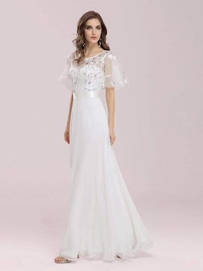 Color=Cream | Romantic Round Neck Ruffle Sleeves Chiffon & Sequin Prom Dress-Cream 3