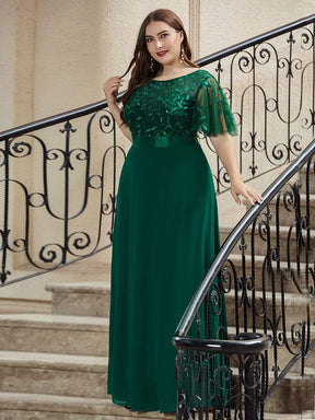 Color=Dark Green | Romantic Round Neck Ruffle Sleeves Chiffon & Sequin Prom Dress-Dark Green 5