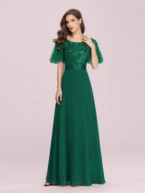 Color=Dark Green | Romantic Round Neck Ruffle Sleeves Chiffon & Sequin Prom Dress-Dark Green 6